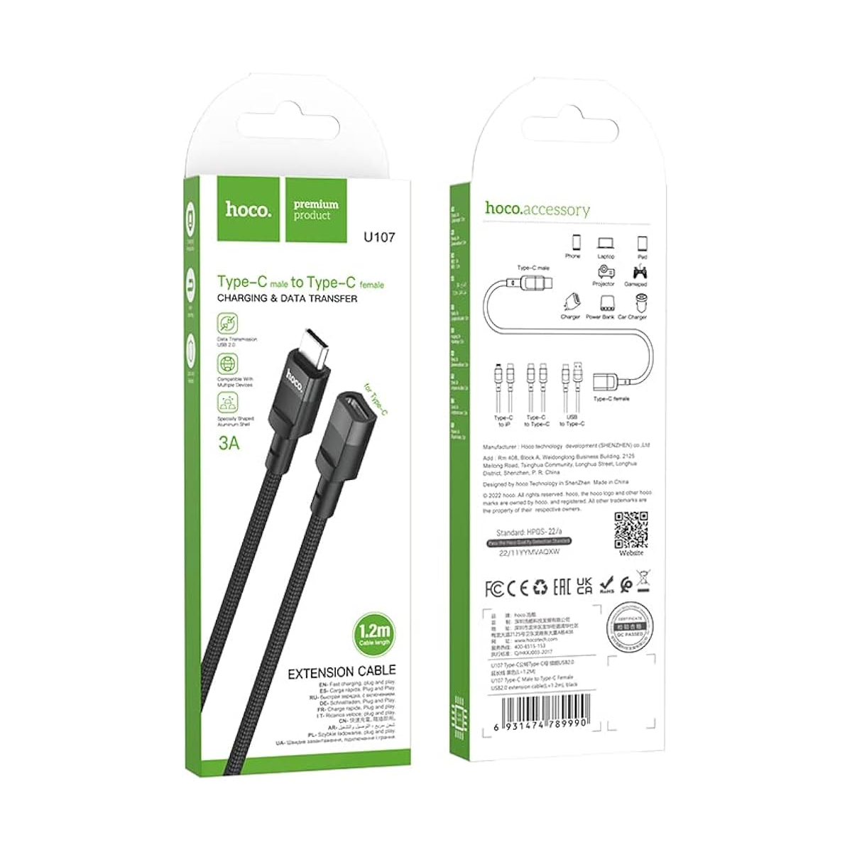 Cable Extensor Tipo C a Usb Otg Hoco U107 Negro – imagen 3