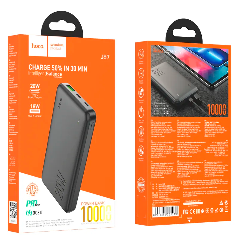 Bateria Portatil Powerbank Hoco J87 10.000 Mah Tacker Negro – imagen 2