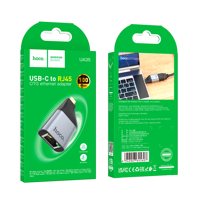 Adaptador Otg Tipo C a Rj45Hoco Ua35 Gris – imagen 3