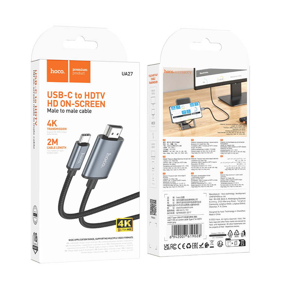 Cable Tipo C a Hdmi 2m Hoco Ua27 Gris – imagen 3