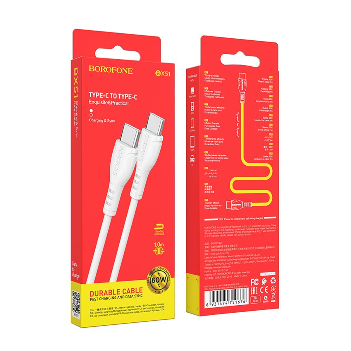Cable Tipo C a Tipo C 60w Borofone Bx51 Triumph Blanco – imagen 3
