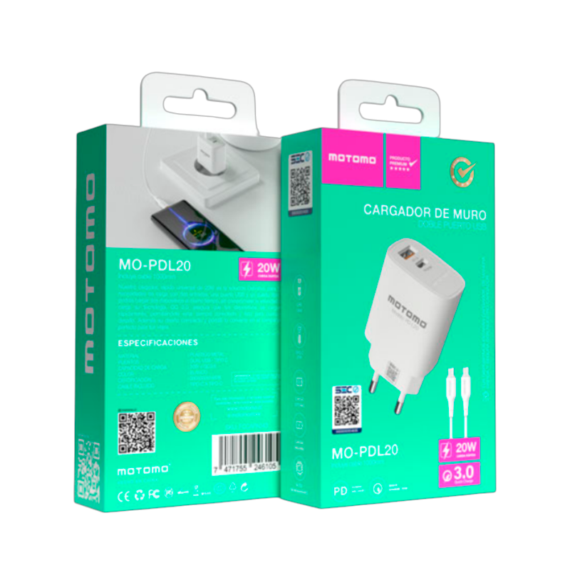 Cargador Rápido Motomo Mo-L20 20w Dual + Cable Tipo C Blanco – imagen 3