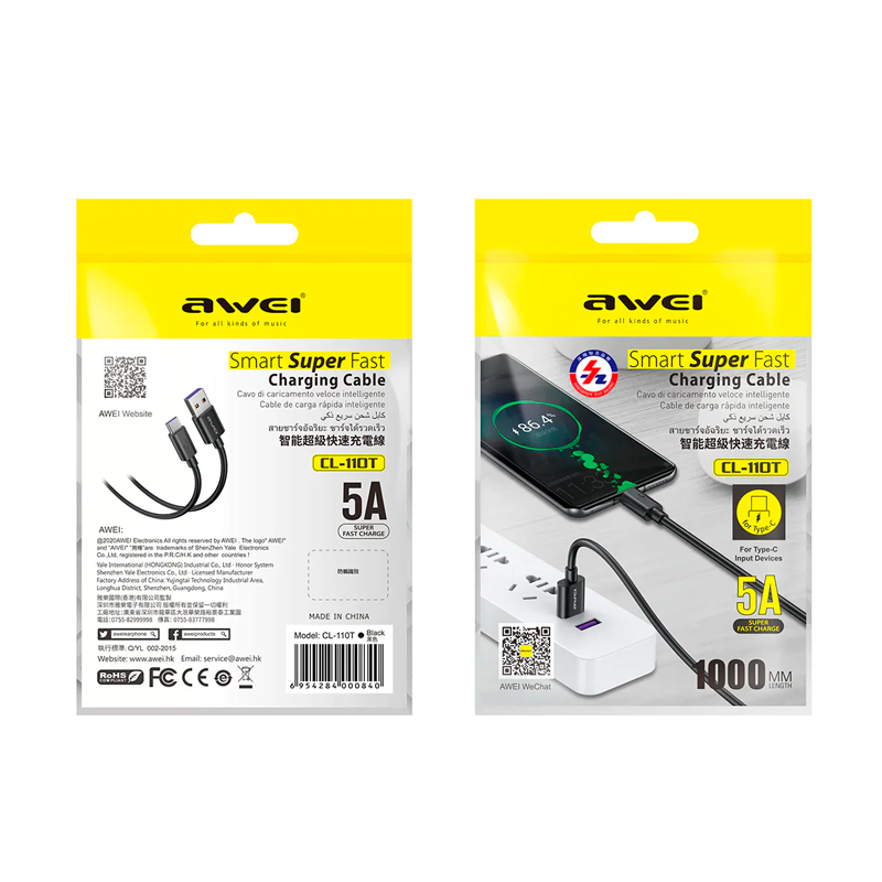 Cable Usb a Tipo C Awei CL-110t 5a Negro – imagen 3