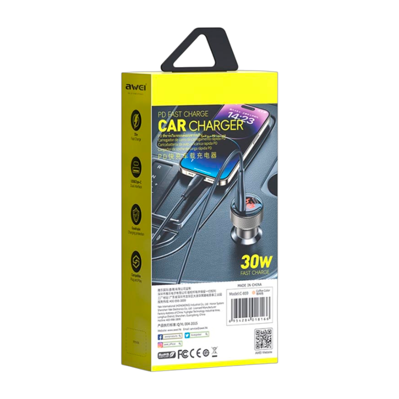 Cargador De Auto Doble Usb Tipo C Awei C-859 Negro – imagen 3