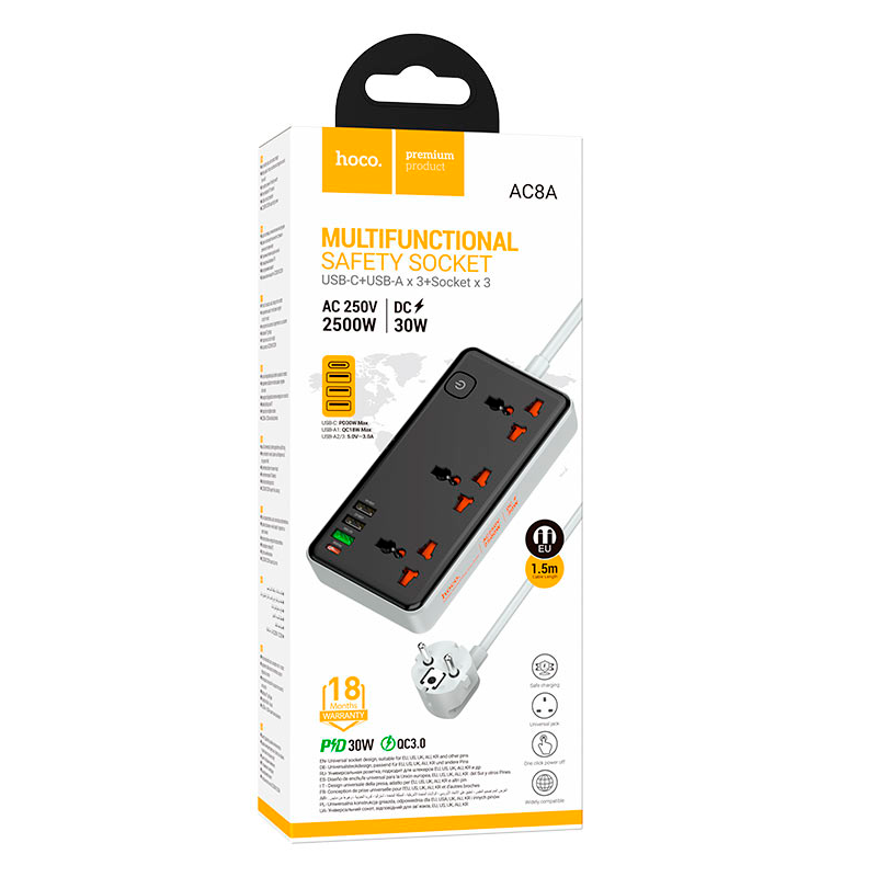 Alargador Multifuncional 1.5 Metros 5 Enchufes 3 Usb Blanco – imagen 3