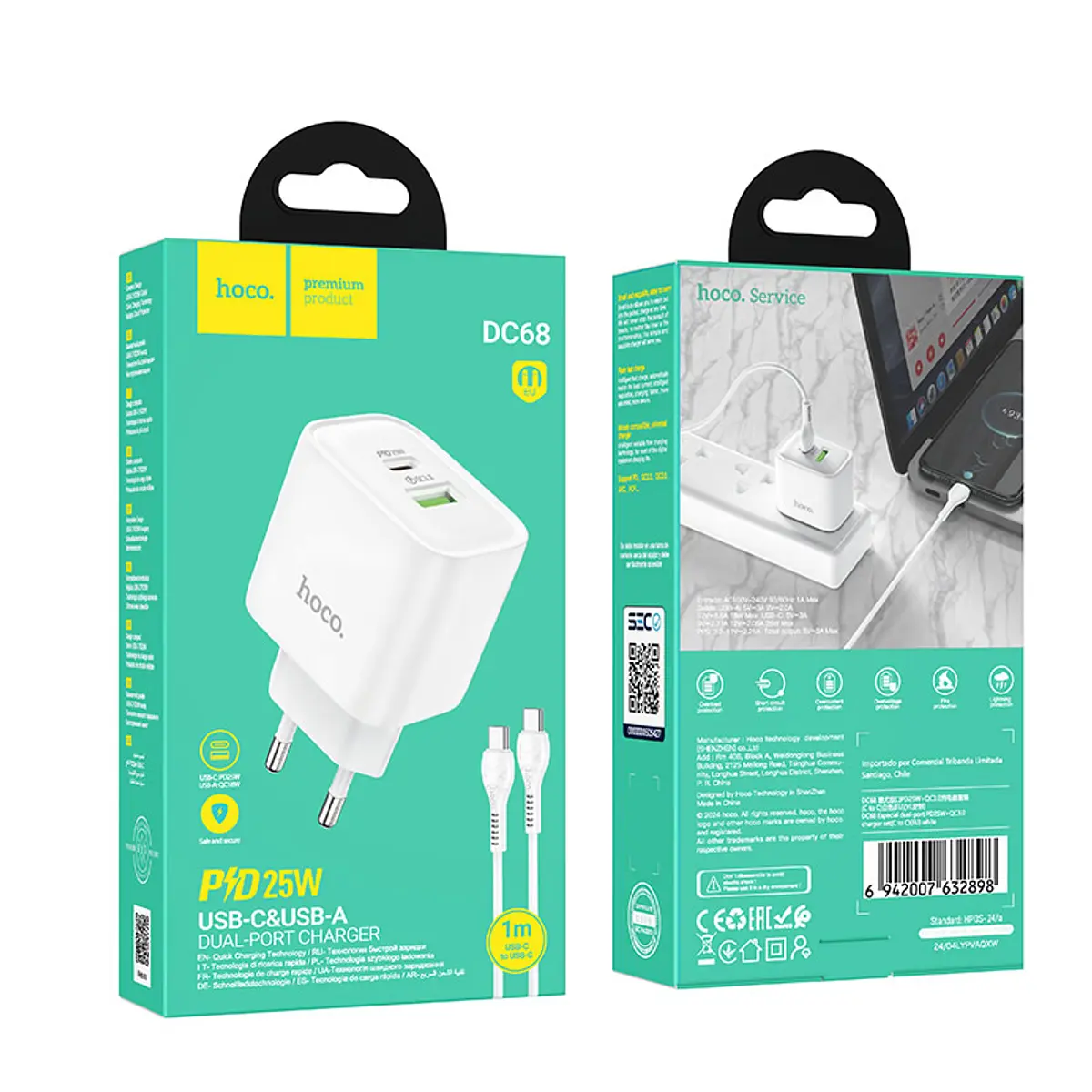 Cargador Carga Rapida Hoco Dc68 25w + Cable Tipo C Blanco – imagen 3