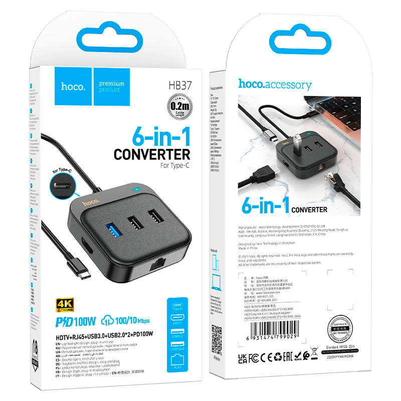 Adaptador Hub Usb 6 en 1 Hoco Hb37 Rj45 Hdmi Usb 3.0 Tipo C – imagen 2