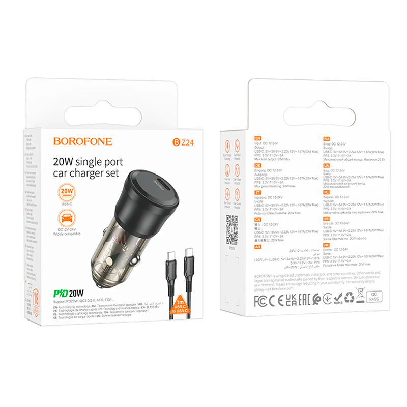 Cargador De Auto Tipo C 20w Borofone Bz24 + Cable Tipo C Negro – imagen 3