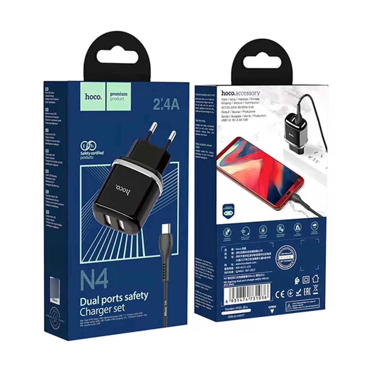 Cargador Hoco N4 Dual Usb + Cable Usb a Micro Usb Negro – imagen 3