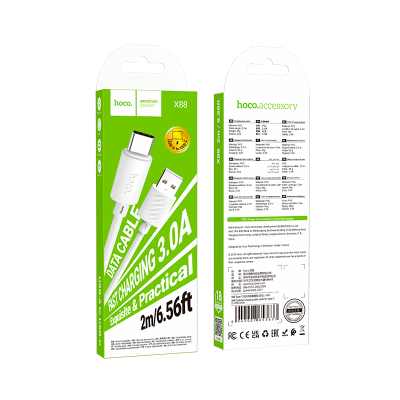 Cable Usb a Tipo C Hoco X88 Gratified 2 Metros Blanco – imagen 3
