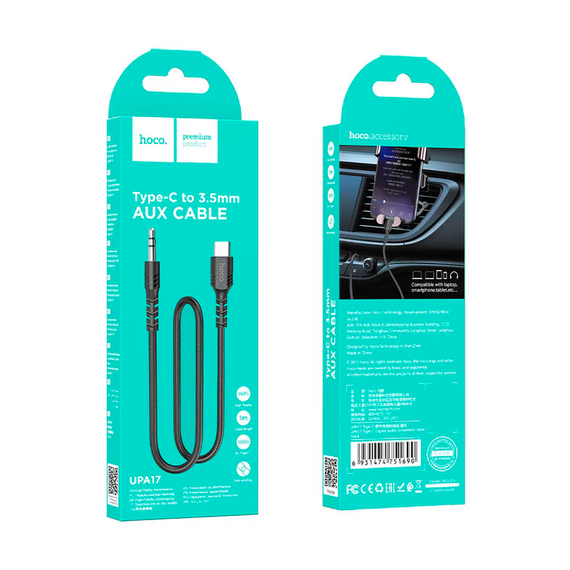 Cable Auxiliar 3.5 a Tipo C Hoco Upa17 Negro – imagen 3