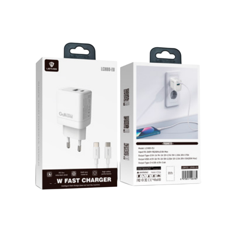 Cargador Lenyes Lch80 Gan Dual 35w + Cable Tipo C Blanco – imagen 3