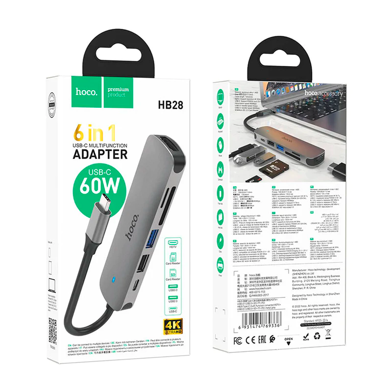 Adaptador Hub Usb 6 en 1 Hoco Hb28 Tipo C Negro – imagen 3