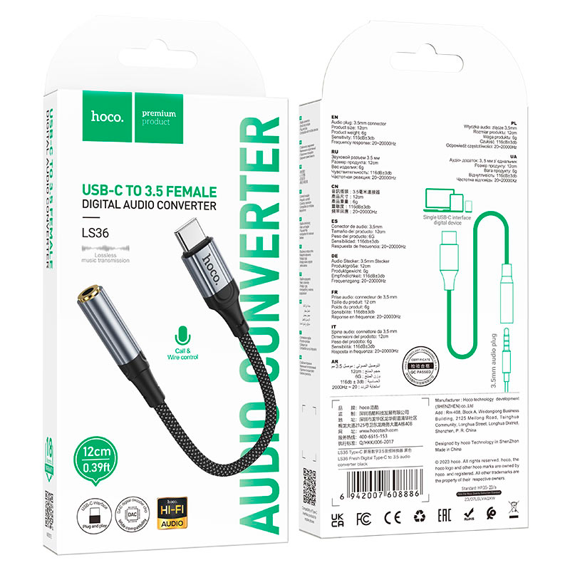 Cable Audio Tipo C a 3.5mm Hoco Ls36 Fresh Negro – imagen 3