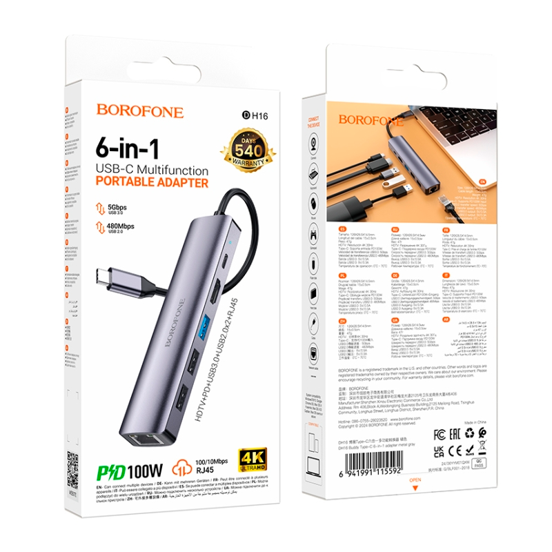Adaptador Hub Usb Tipo C 6 en 1 Borofone Dh16 Gris – imagen 2