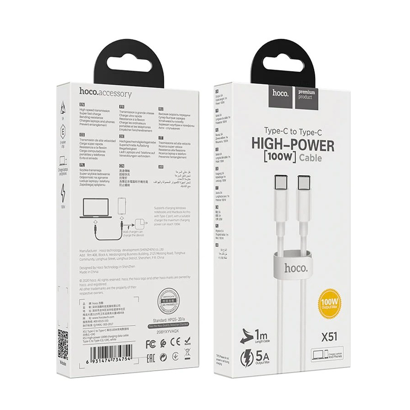 Cable Tipo C a Tipo C 100w Hoco X51 High Power 1M Blanco – imagen 2