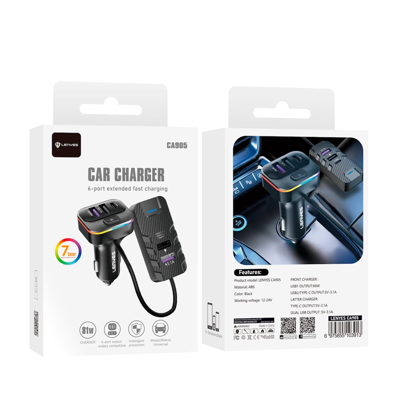 Cargador de Auto + Hub Lenyes Ca905 81w Negro – imagen 3