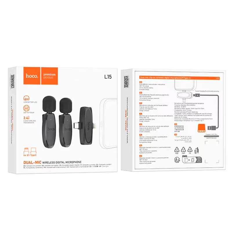 Microfono Externo Inalámbrico Dual Tipo C y Lightning Hoco L15 Negro – imagen 3