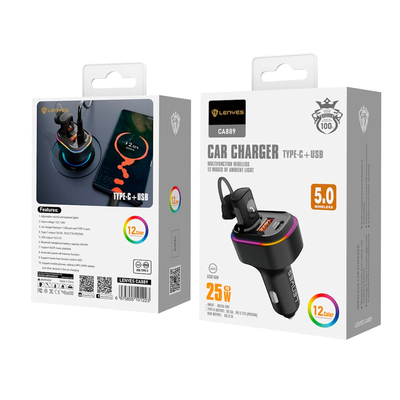 Cargador de Auto + Manos Libres Rgb Lenyes Ca889 25w Negro – imagen 3