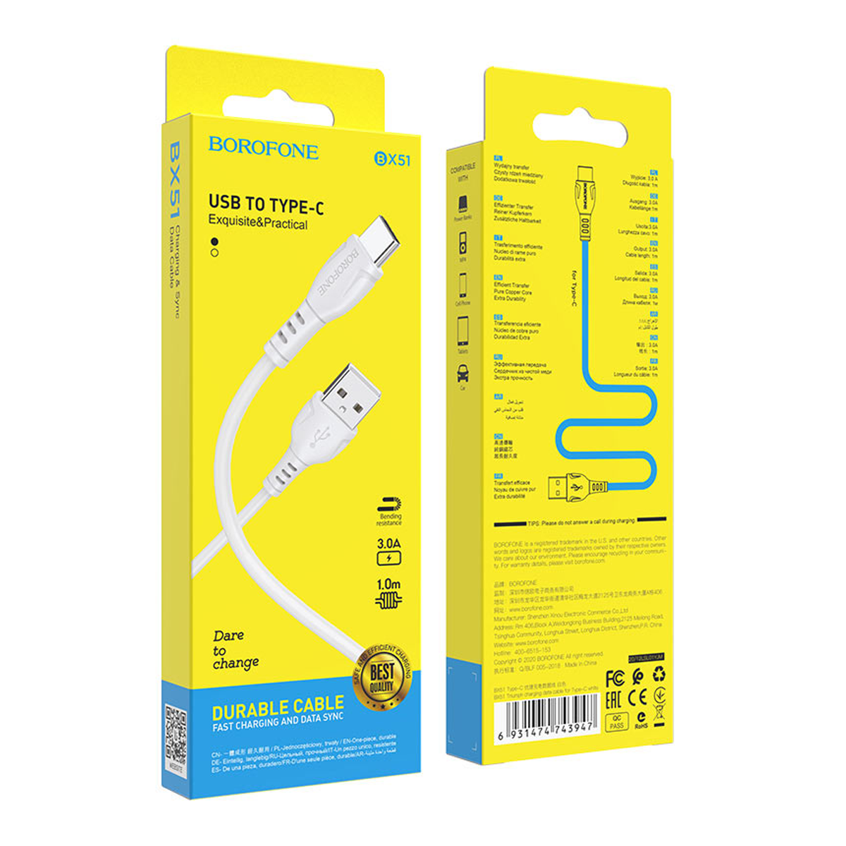 Cable Usb a Tipo C Borofone Bx51 Triumph Blanco – imagen 3