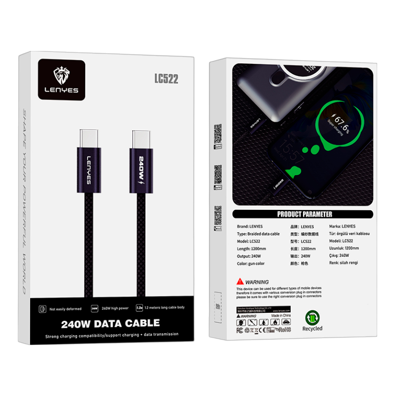 Cable Tipo C a Tipo C Lenyes Lc522 240w 1.2 Metro Negro – imagen 2