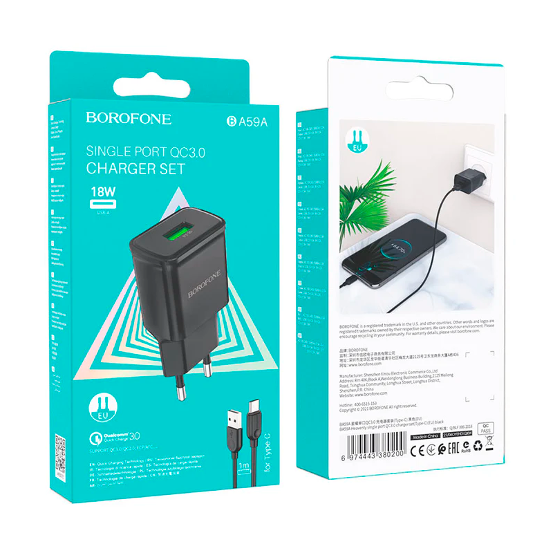 Cargador Borofone Ba59a 18w Usb Qc 3.0 + Cable Tipo C Negro – imagen 3