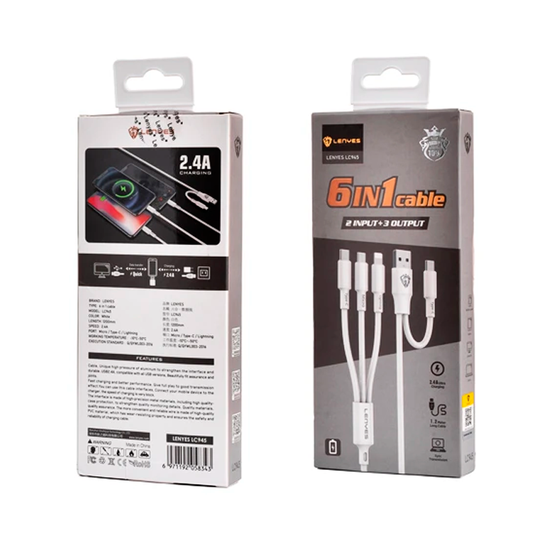 Cable Usb a Tipo C Micro Usb Para Lightning Lenyes Lc945 1.2 Metros Blanco – imagen 3