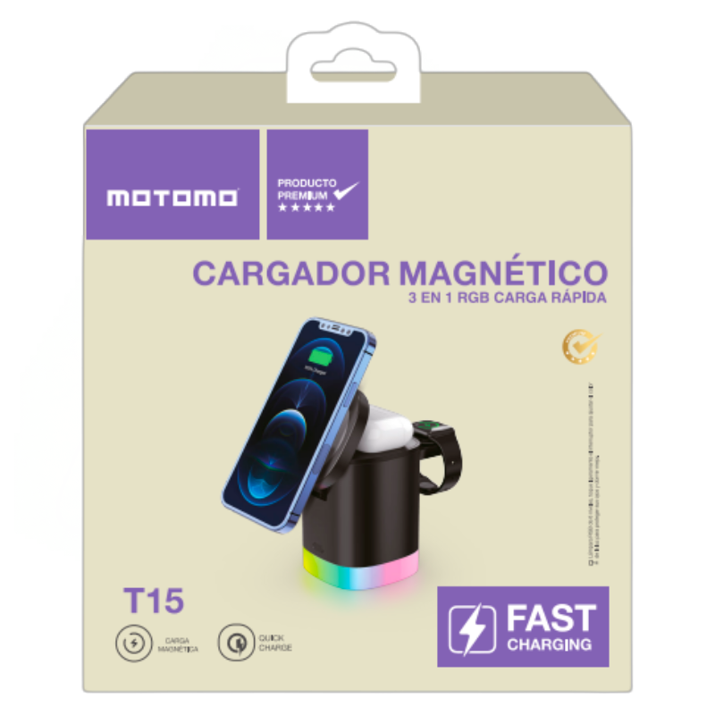 Cargador Inalámbrico 3 en 1 Motomo T-15 Magnetico Rgb Negro – imagen 3