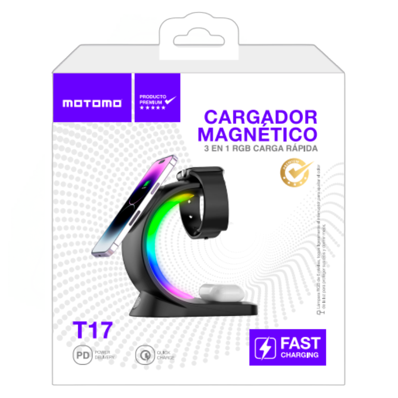Cargador Inalámbrico 3 en 1 Motomo T-17 Magnetico Rgb Negro – imagen 3