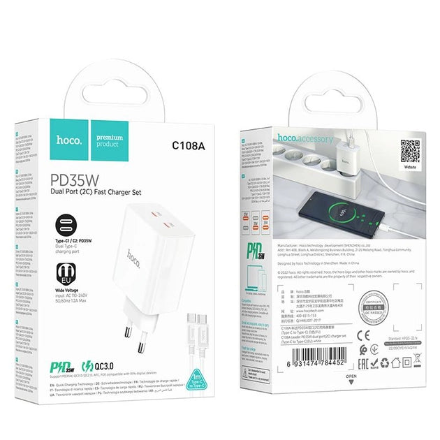 Cargador Hoco C108a 35w Carga Rapida + Cable Tipo C Blanco – imagen 2