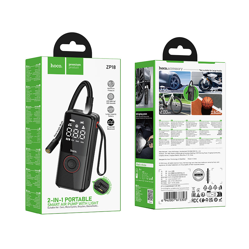Inflador De Neumaticos Portatil Hoco Zp18 Con Luz Negro – imagen 3