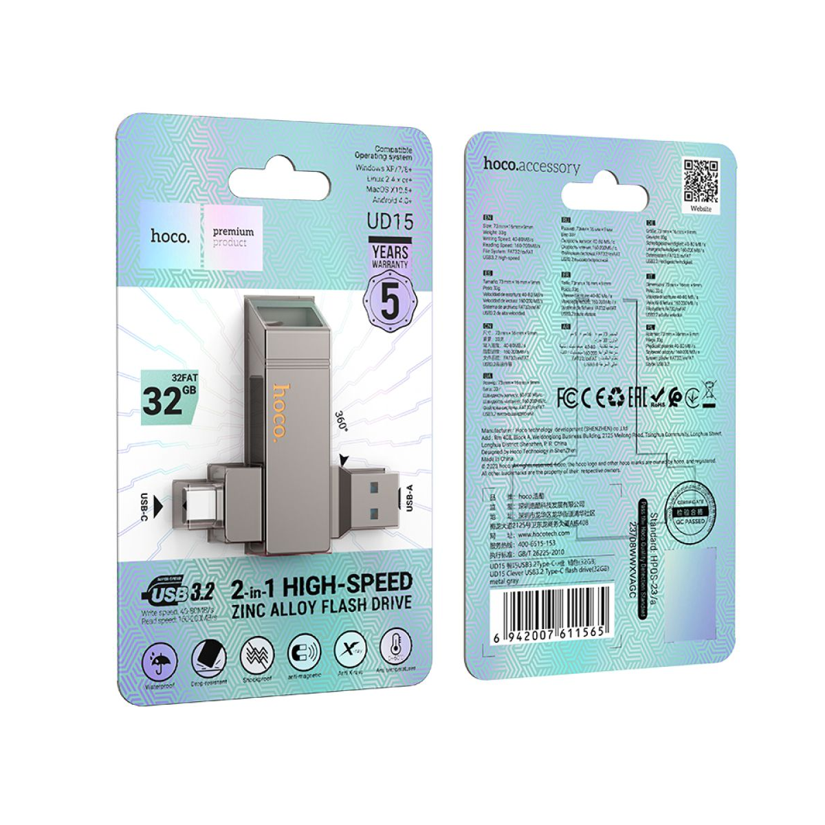 Pendrive Dual Tipo C Usb 3.0 Hoco Ud15 32 Gb Metal – imagen 2