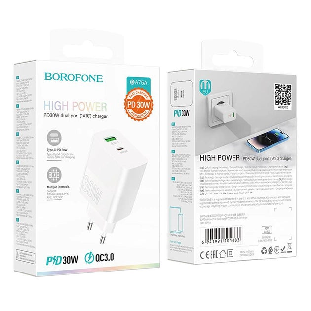 Cargador Borofone Ba75a 30w+ Qc 3.0 Carga Rapida Blanco – imagen 2