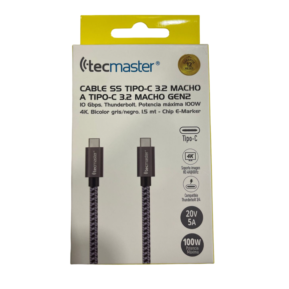 Cable Tipo C a Tipo C 100W 1.5 Metros Reforzado Tecmaster Negro