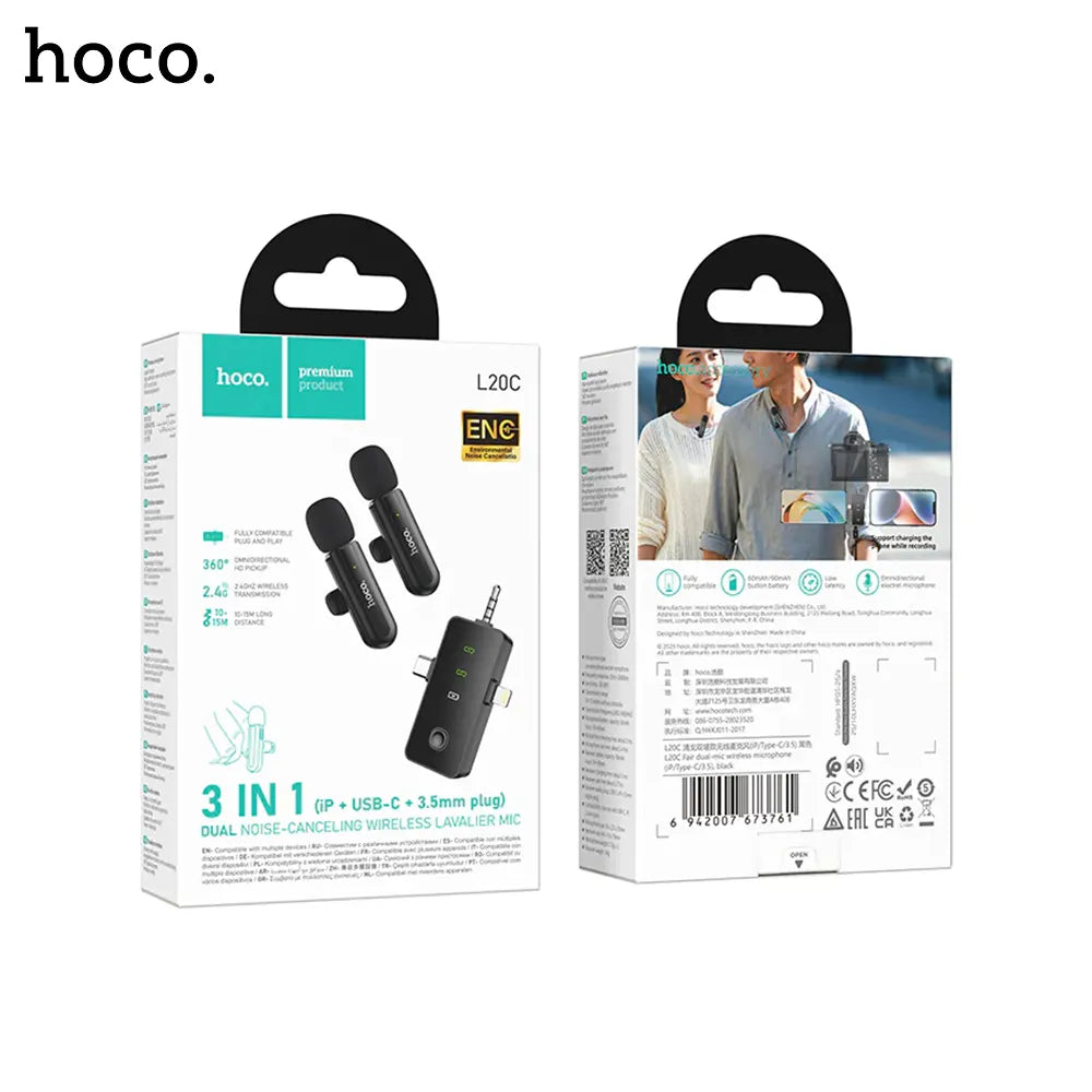Micrófono Inalámbrico Dual Hoco L20C con Cancelación de Ruido USB-C, Lightning y 3.5 mm - vista 2