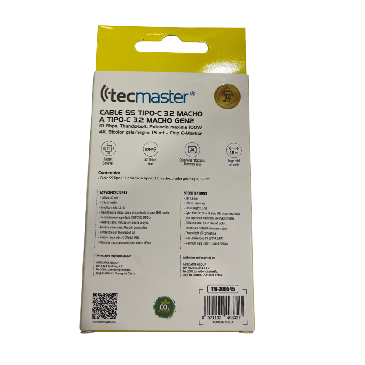 Cable Tipo C a Tipo C 100W 1.5 Metros Reforzado Tecmaster Negro – imagen 2