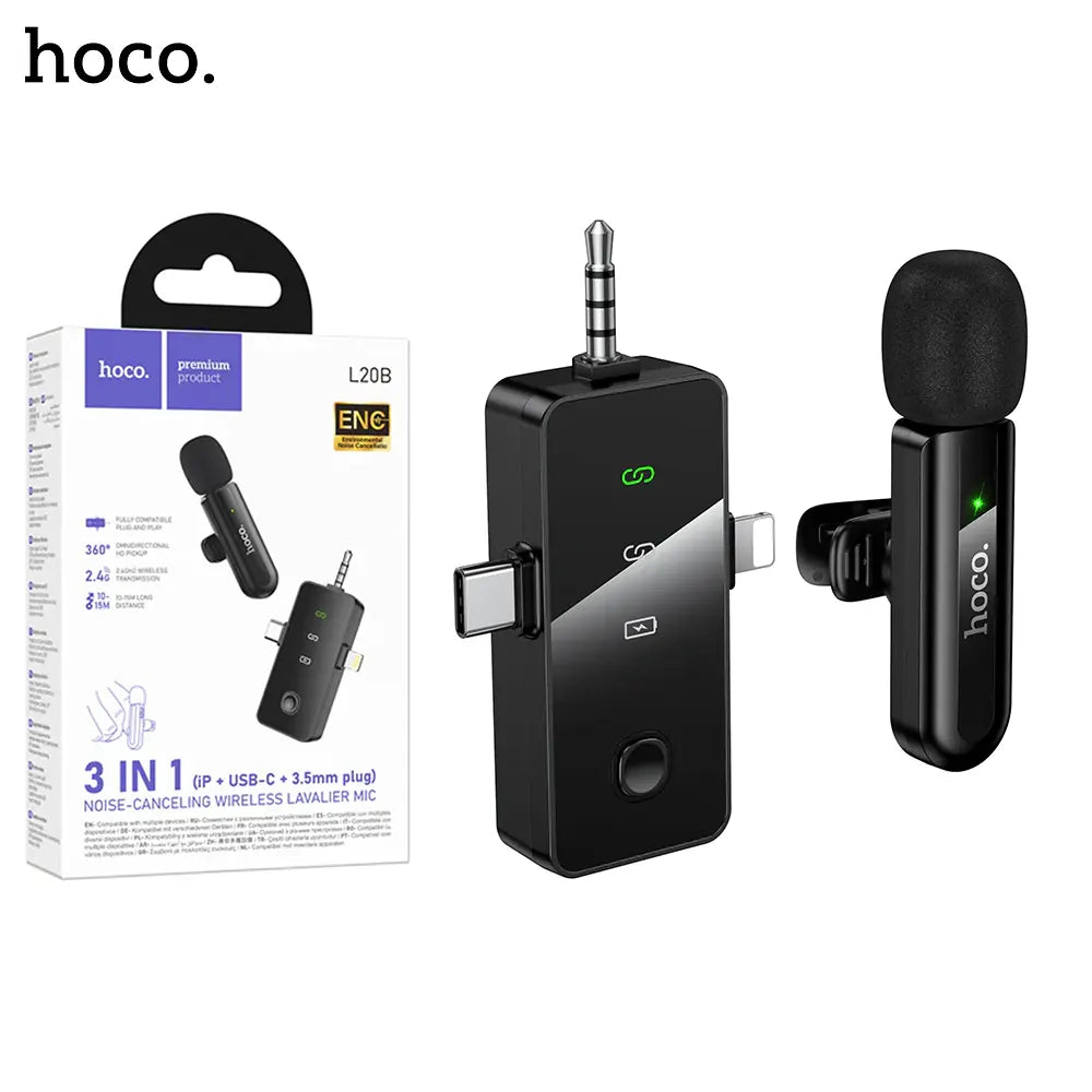 Micrófono Inalámbrico Hoco L20B con Cancelación de Ruido USB-C, Lightning y 3.5 mm - vista 2