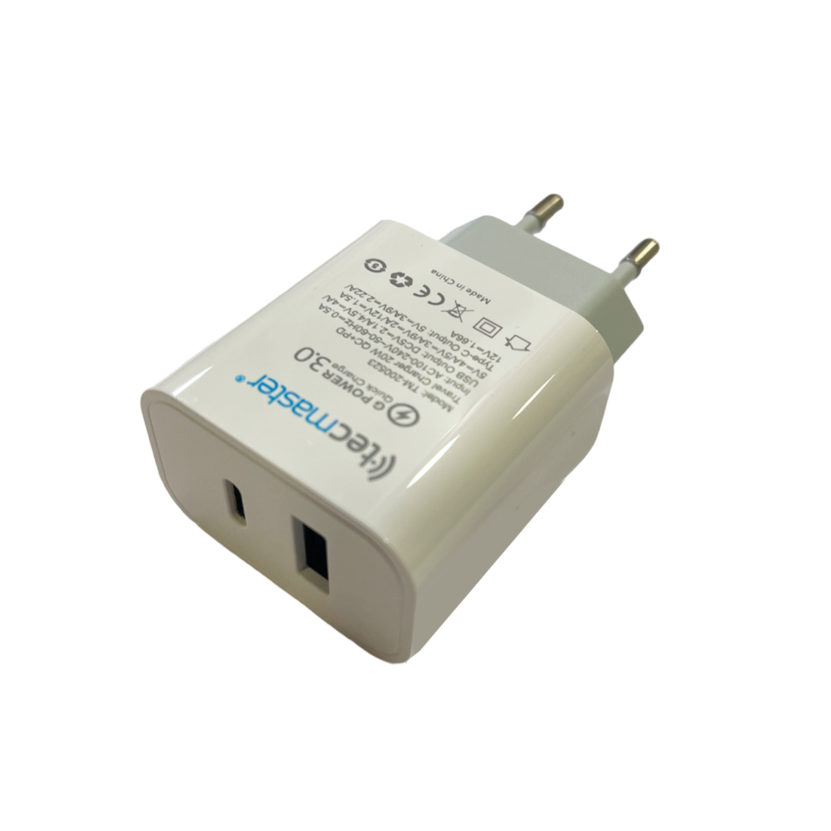 Cargador Tecmaster Dual Usb Tipo C 20w Carga Rapida Blanco