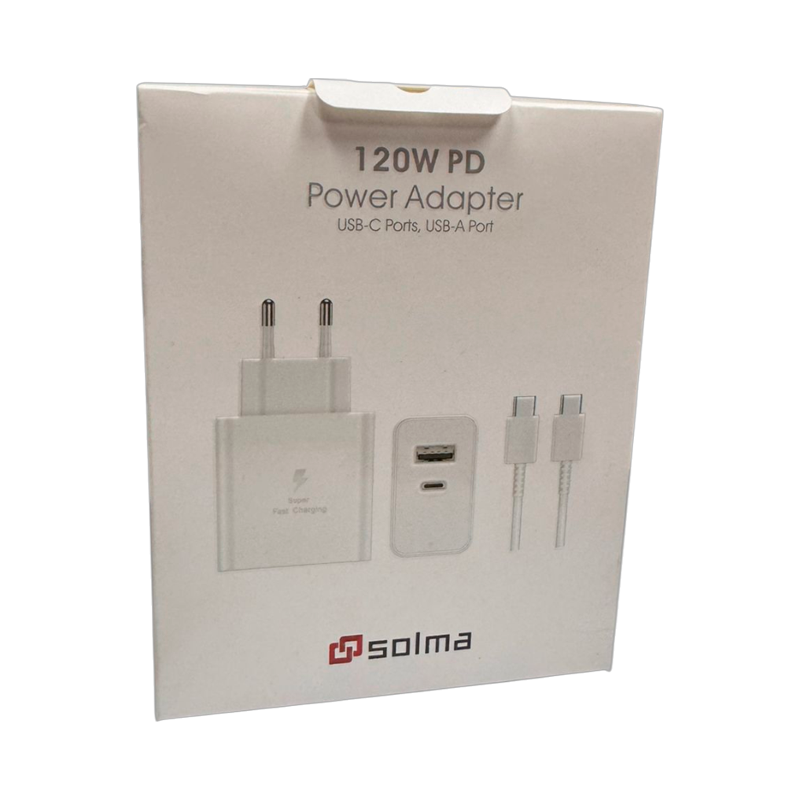 Cargador Carga Rapida Solma 120w Dual Usb + Cable Tipo C Blanco