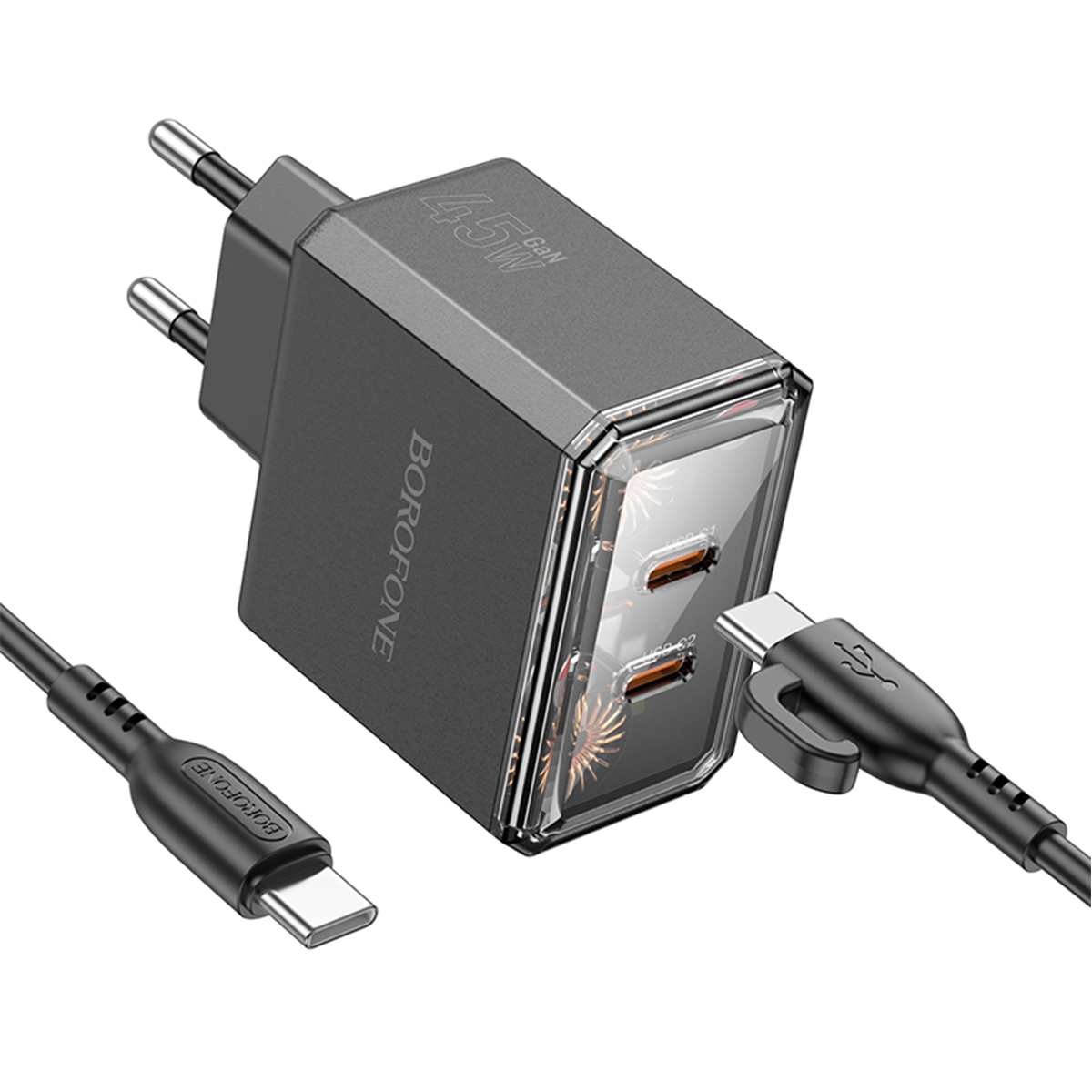 Cargador Borofone Bas33a 45w Dual Tipo C + Cable Tipo C Negro