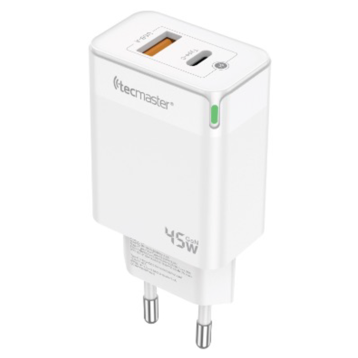 Cargador Tecmaster 45w Dual Tipo C y Usb QC3.0 Blanco