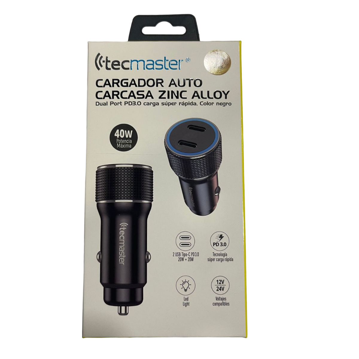 Cargador Auto Dual Usb Tecmaster 40w Quick Charge Negro