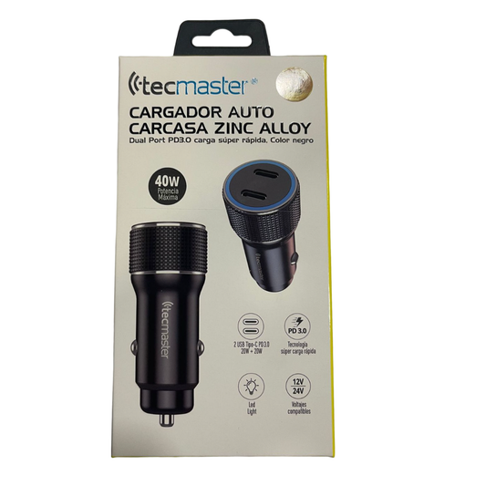 Cargador Auto Dual Usb Tecmaster 40w Quick Charge Negro