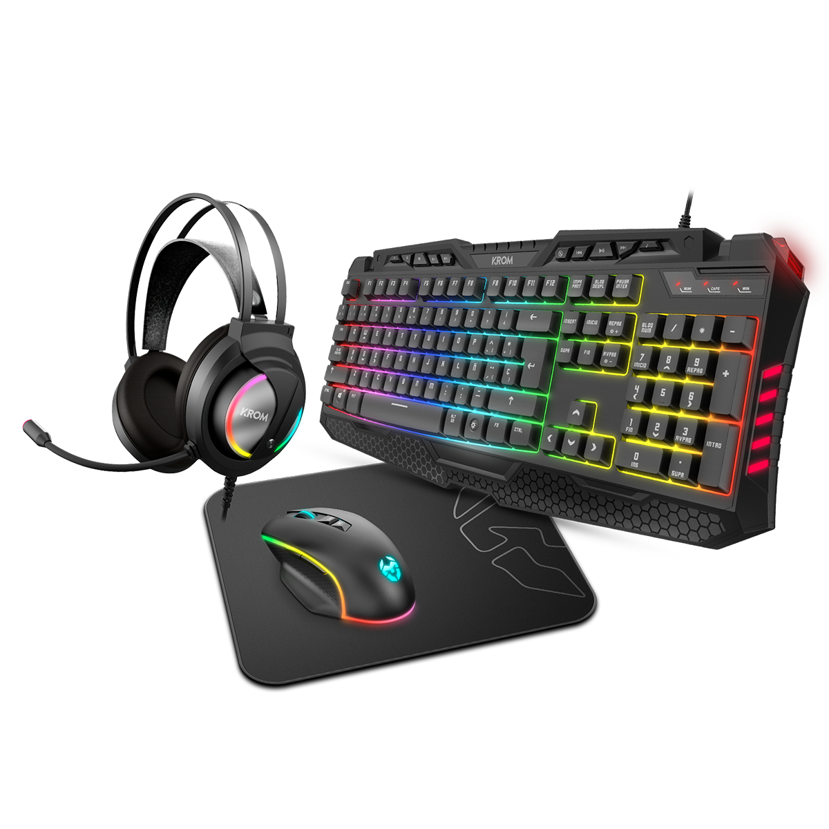 Kit Gamer 4 en 1 Krom Kritic Rgb Teclado + Mouse + Audífonos + Mousepad