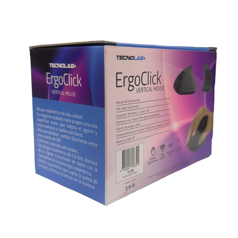 Mouse Inalambrico Tecnolab Vertical Ergoclick Dual Bluetooth + Wireless Negro – imagen 2