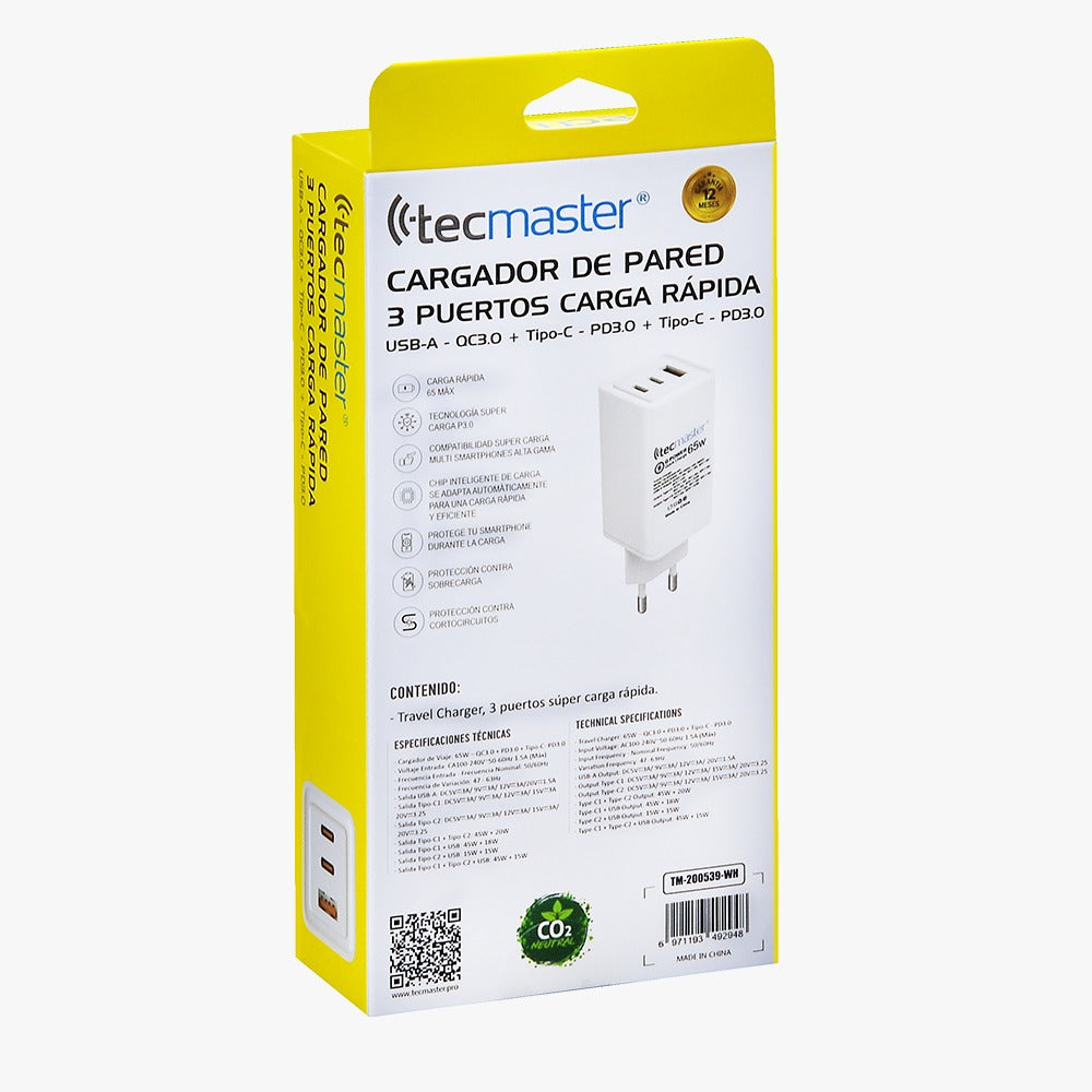 Cargador Tecmaster 65w Carga Rapida QC3.0 3 Puertos Blanco – imagen 2