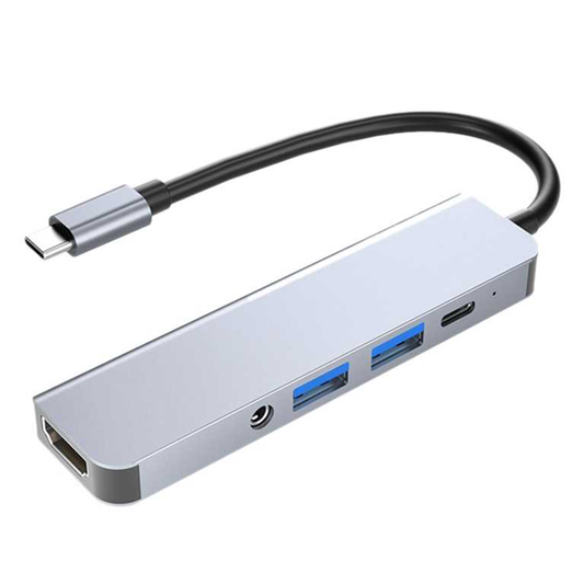 Adaptador 5 en 1 Tipo C USB 3.0x2 + Aux 3.5mm YL-2009 Gris