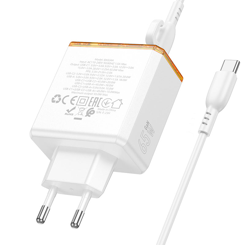 Cargador Borofone Bas34a 65w Usb Tipo C + Cable Tipo C Blanco – imagen 3