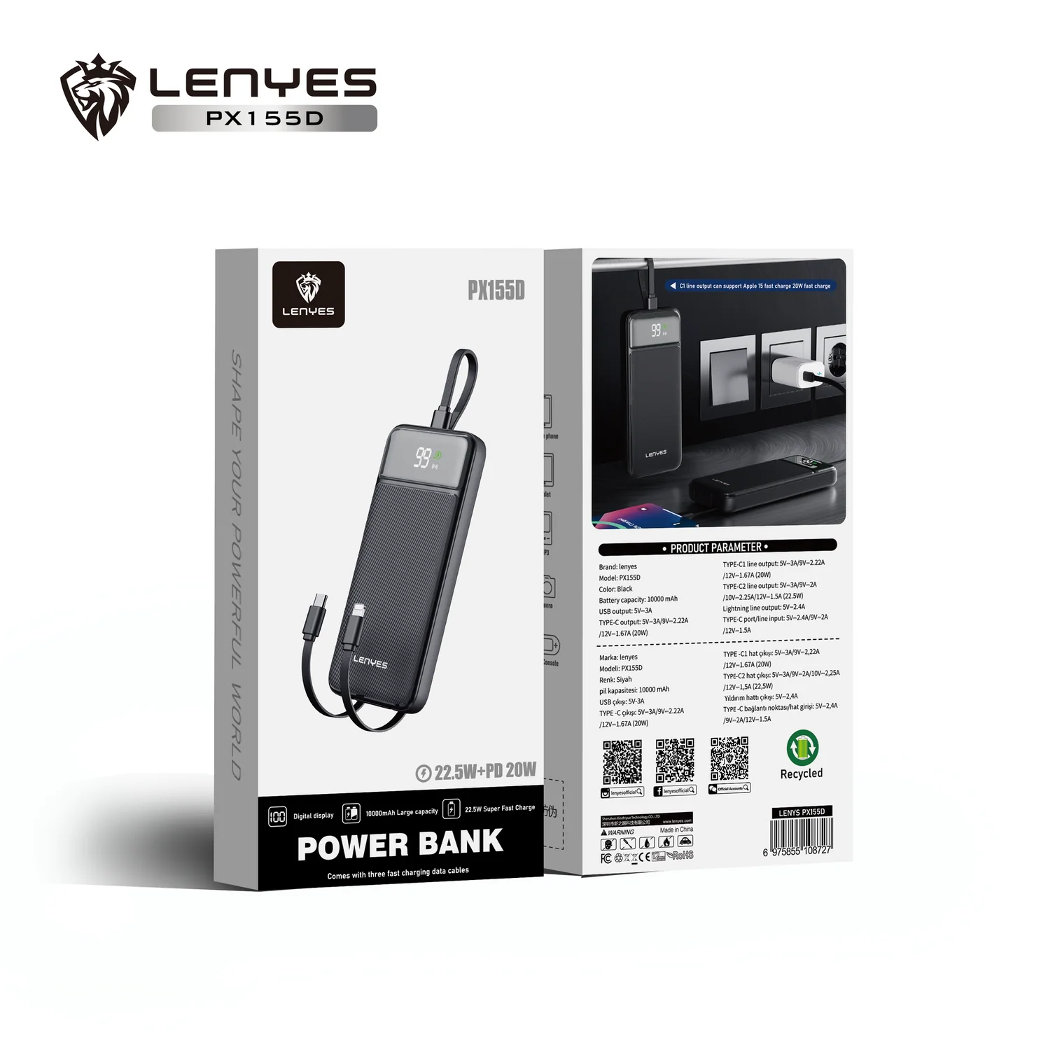 Powerbank Carga Rapida Lenyes Px155d 10000 Mah Con Cables Negro – imagen 3