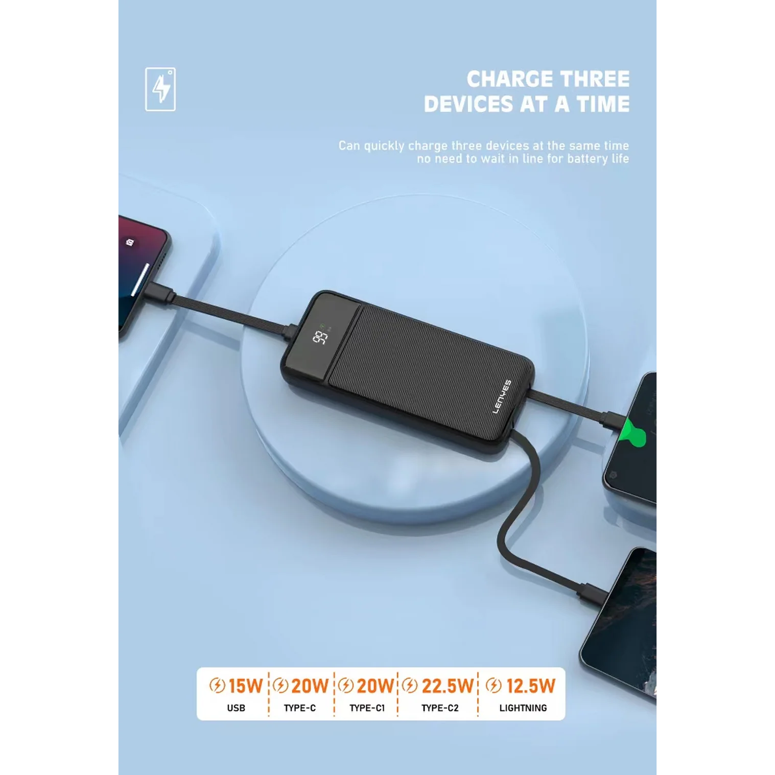 Powerbank Carga Rapida Lenyes Px155d 10000 Mah Con Cables Negro – imagen 4